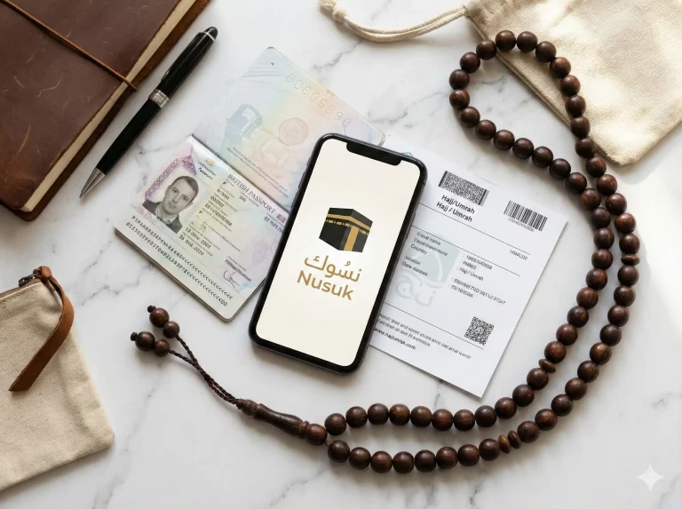 A flat-lay photography composition showing a British passport, a smartphone displaying the Nusuk app logo, and a printed visa document on a white marble surface, illustrating essential Umrah travel documents for UK citizens