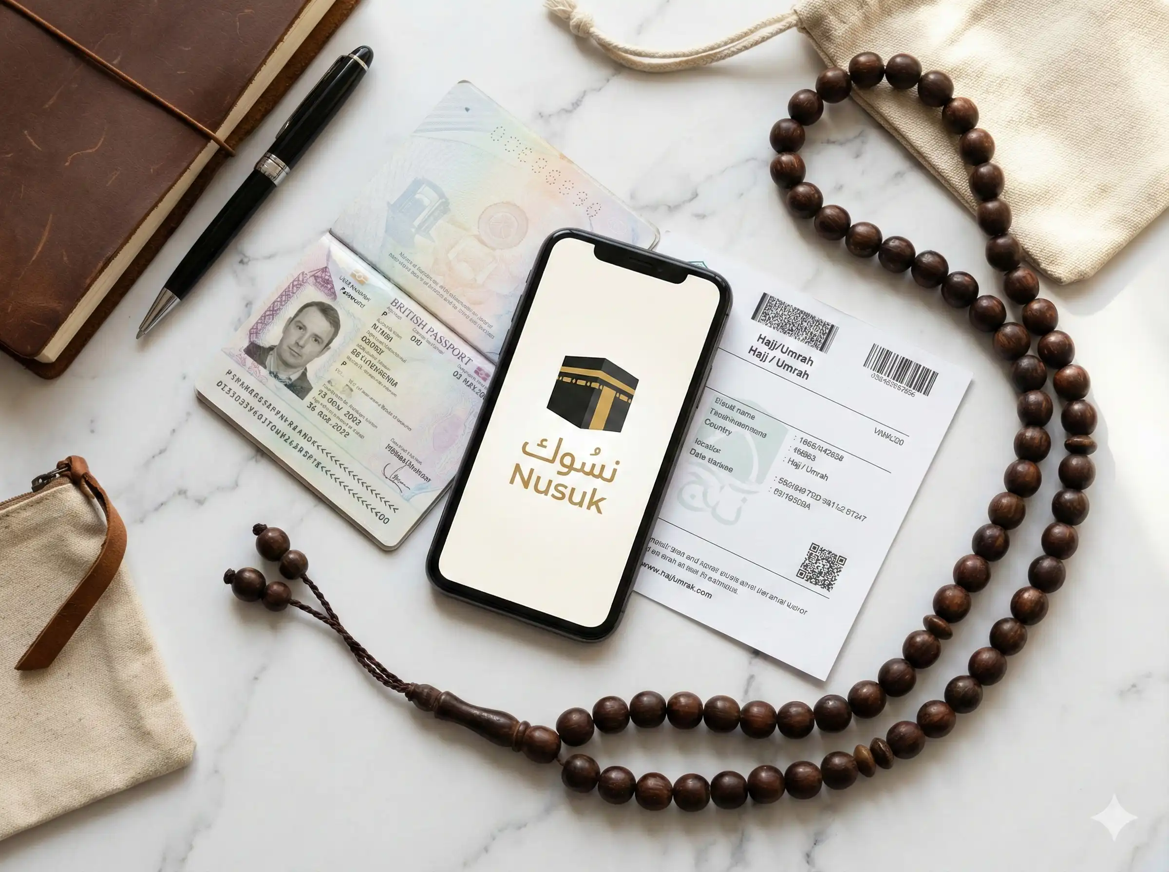 A flat-lay photography composition showing a British passport, a smartphone displaying the Nusuk app logo, and a printed visa document on a white marble surface, illustrating essential Umrah travel documents for UK citizens
